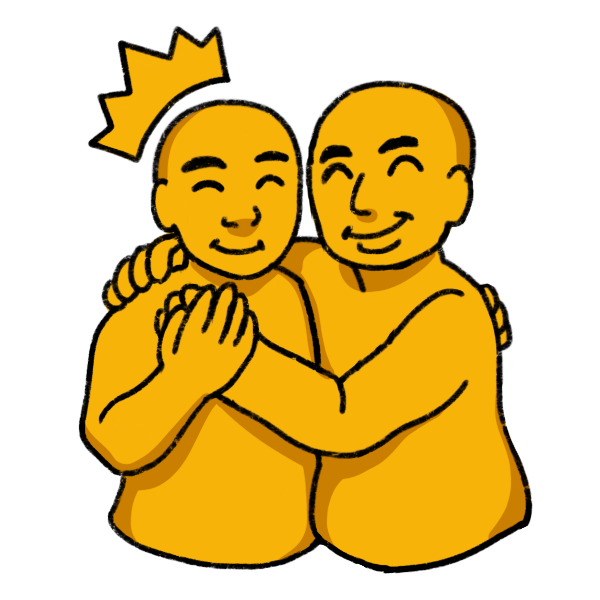 two people embracing and smiling. One has a crown over their head. Both people's designs are nonspecific with yellow skin